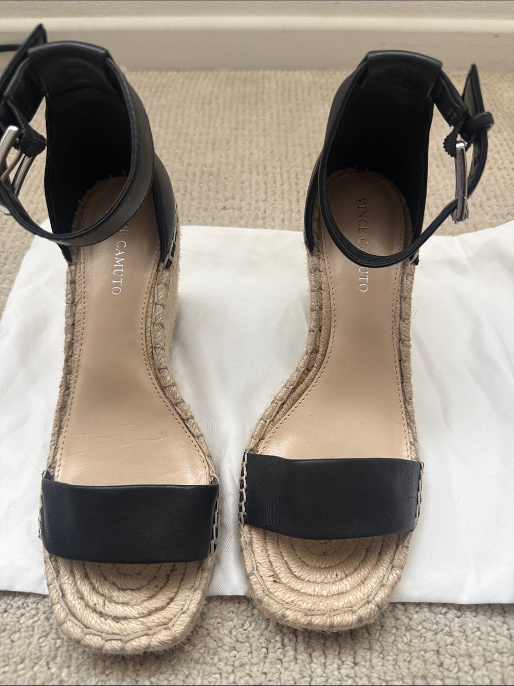 Vince Camuto Black Leather Espadrille Ankle-Strap Wedges